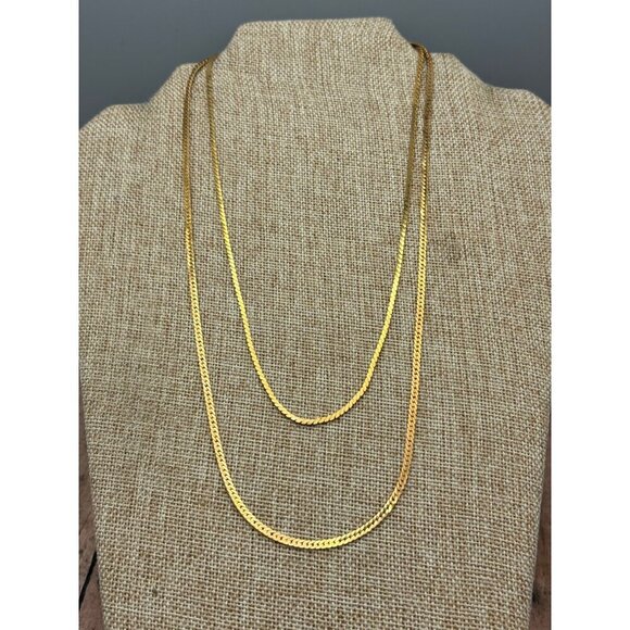 Gold Tone Herringbone Double Strand Chain Necklace Convertible 2 Chains 17" 21" - Picture 1 of 12